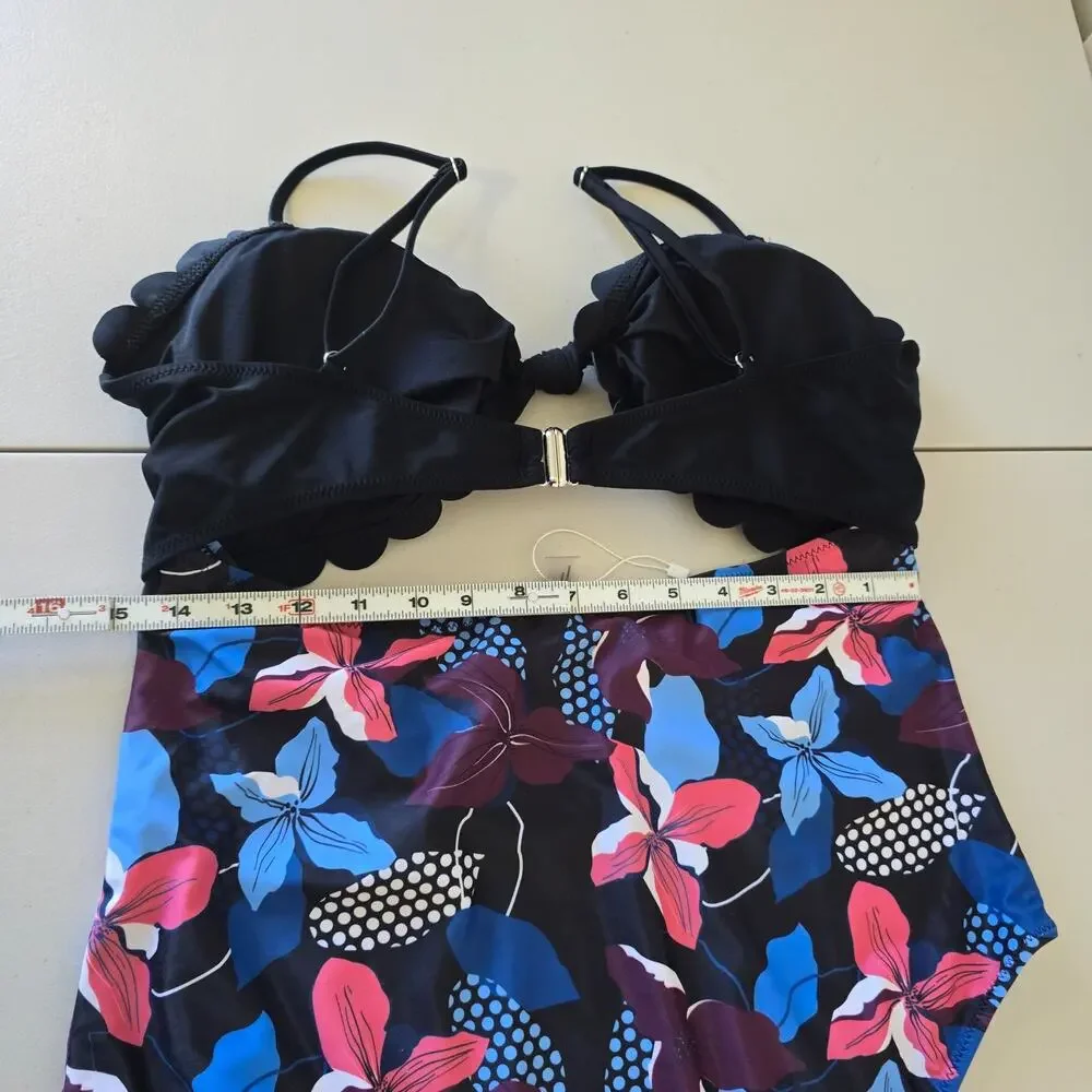 Cupshe One Piece Knotted Front Swimsuit Women's XXL Black Floral Scalloped NWOT